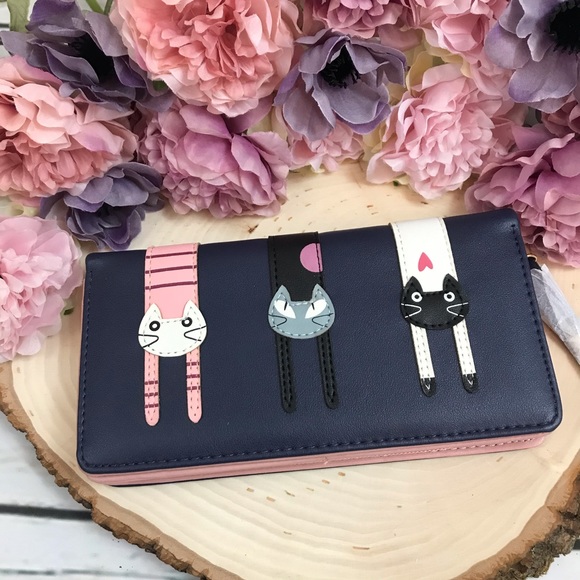 Navy Blue Vegan Leather Cat Clutch Wallet - Picture 2 of 13